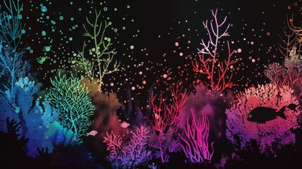 Wall Mural - Underwater seascape with colorful coral and fish silhouettes on a black background with rainbow light effects.