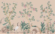 Vintage botanical garden rose tree, Chinese birds, stone, plant floral seamless border. Exotic old chinoiserie mural.