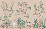 Fototapeta Panele - Vintage botanical garden rose tree, Chinese birds, stone, plant floral seamless border. Exotic old chinoiserie mural.