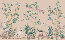 Vintage Botanical Garden Rose Tree, Chinese Birds, Stone, Plant Floral Seamless Border. Exotic Old Chinoiserie Mural.