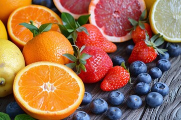 Wall Mural - Fresh ​​oranges, red oranges, lemons, strawberries, raspberries and blueberries on a wooden table.