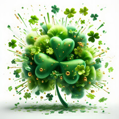 St. Patrick’s Day Shamrock  with gree confetti explosion, isolated on a  White background, Celebrating Patrick's Day, Clover