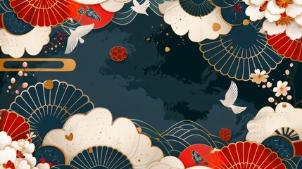 Wall Mural - Asian style abstract template with a Japanese pattern and icon. Geometric pattern and gold texture decoration.