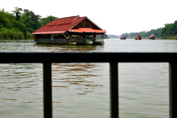 View of the tour boat on the Mekong River in Laos