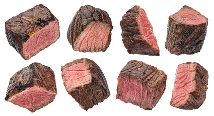 Wall Mural - medium rare steak pieces, sliced grilled beef cubes isolated on white background