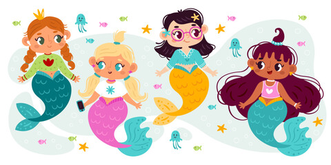 Cute pretty dressed mermaids childish characters, little marine princess set vector illustration