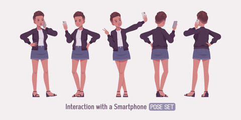 Wall Mural - Attractive girl smartphone use pose, young urban fashion woman wearing nice short high waist denim skirt, cute streetwear bomber jacket, casual summer sandals, female fade haircut. Vector illustration