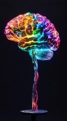 A 3D model of a brain lit up in an array of bright colors contrasted against a black backdrop illustrating the power and creativity of the mind