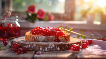 Wall Mural - A wooden cutting board topped with a slice of bread covered in jam