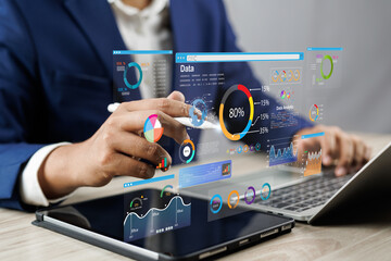 Fototapete - Analyst utilizing technology and dashboard with charts data science and Big Data technology for business, Strategic data management system with KPI organization performance with technology and metrics