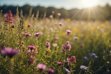 Sticker - Sunlit Blooms in a Vibrant Flower Meadow Under a Clear Blue Sky