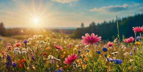 Poster - Vibrant Flower Field Under Sunlight