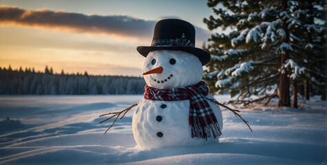 Poster - Snowman With Hat and Scarf in Snow