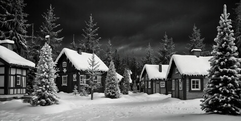 Poster - Snowy Village in Black and White