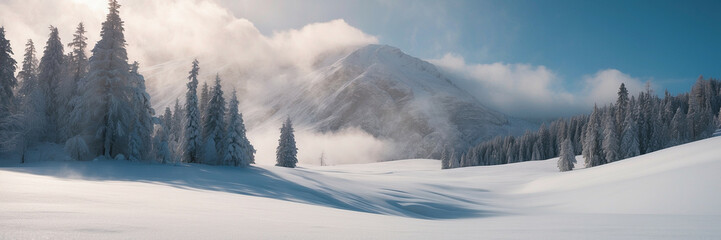 Wall Mural - Snow-Covered Mountain With Trees and Clouds