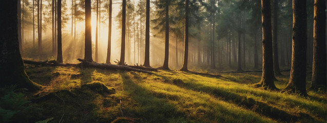Wall Mural - Sun Shining Through Trees in Forest