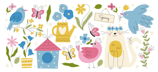 Wall Mural - Hand drawn cute cat, birds and butterflies with spring flowers doodle design vector illustration