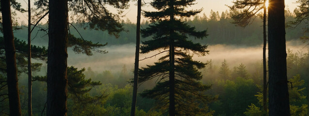 Wall Mural - Sun Shining Through Trees in Forest