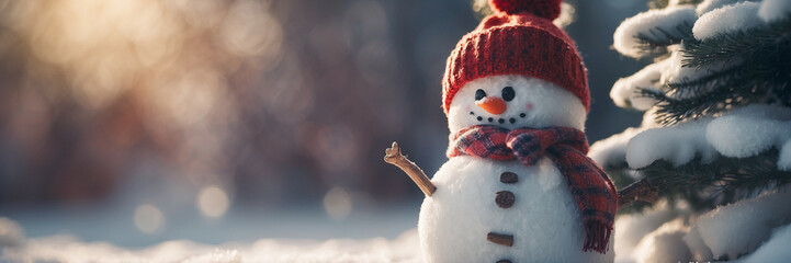 Poster - Snowman Standing Next to Tree in Snow