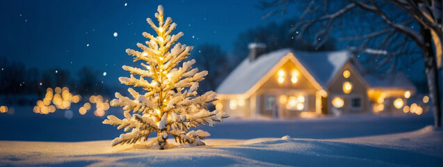 Poster - Small Christmas Tree in Snowy Front Yard