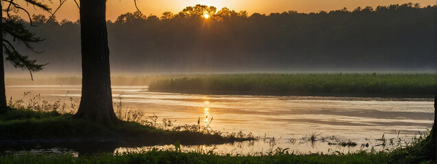 Wall Mural - Golden Sunrise Over a Misty Forest River