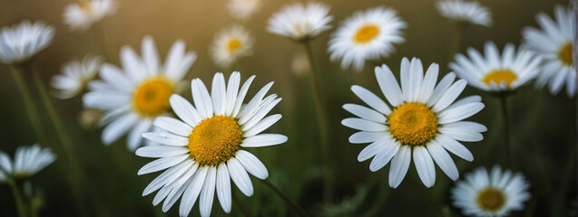 Poster - White Daisy Blooms Flourishing in a Serene Field at Golden Hour