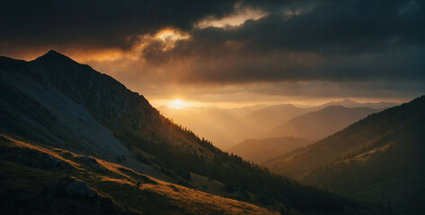 Wall Mural - Sun Shining Through Clouds Over Mountains