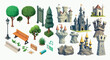 Collection of Vector Elements for Fantasy Game Environment, Including Various Castles, Trees