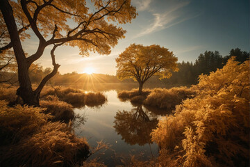 Wall Mural - Sunbeams Filter Through Trees Reflecting on Water