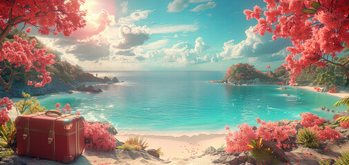 Wall Mural - A serene beach paradise with turquoise waters, surrounded by vibrant pink flowering trees, under a sunny cloudy sky. A lone suitcase suggests the arrival of a traveler.