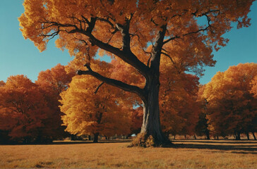 Wall Mural - Large Tree With Yellow Leaves in a Field