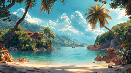 Wall Mural - A secluded tropical beach with crystal clear waters, lush greenery, a quaint wooden hut, and majestic mountains under a soft cloudy sky.