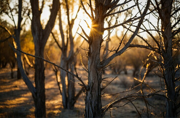 Wall Mural - Sun Shining Through Trees in Woods