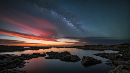 Poster - Night Sky Over Lake With Rocks