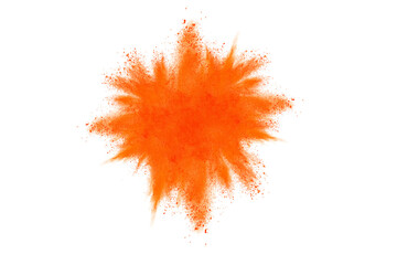 Wall Mural - orange powder explosion on white background. colored cloud. colorful dust explode. paint holi