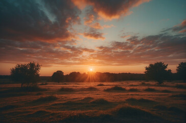 Wall Mural - Sun Setting Over Field With Trees