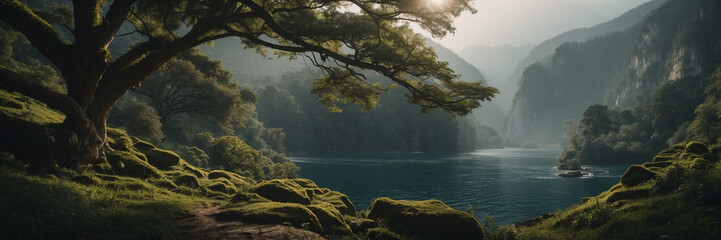 Wall Mural - Sun Shines Through Trees Over Water