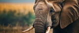 Fototapeta  - Close-Up Portrait of an Elephant in a Golden Grassland at Dusk