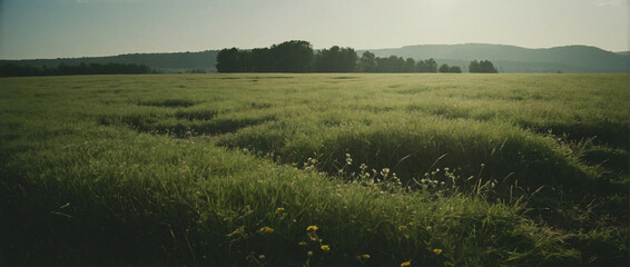 Wall Mural - Green Meadow Field With Mountains in Background