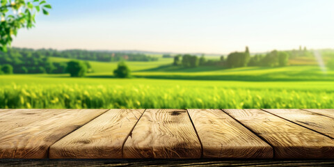 Blurred nature background with green meadow blue sky sunny day with empty plank wood table in the forefront for product placement presentation