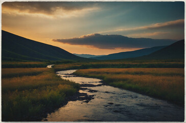 Poster - Tranquil Sunset Over a Serene River Winding Through a Mountain Valley