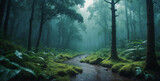 Fototapeta  - Serene Rain-Drenched Forest Path at Twilight With Misty Ambiance