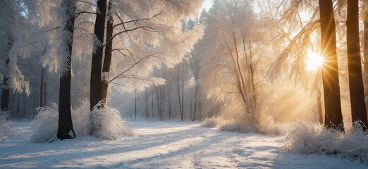 Sticker - Sunlight Filtering Through Snowy Forest Trees