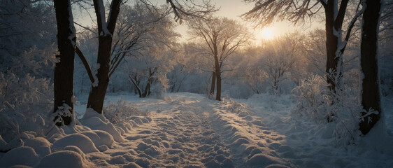 Wall Mural - Sun Shining Through Trees in Snow