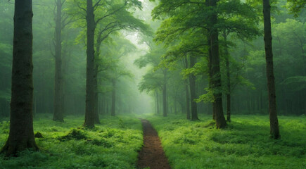 Wall Mural - Serene Morning Light Filtering Through a Lush Green Forest Path