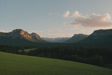 Wall Mural - Grassy Field With Mountains in Background