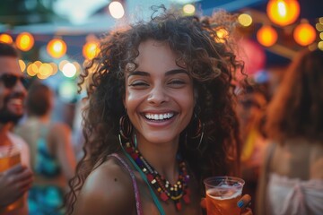 A young woman dressed in casual attire on outdoor music festival at night.