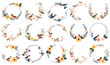 Round elegant romantic flower frames with beautiful birds isolated set vector illustration