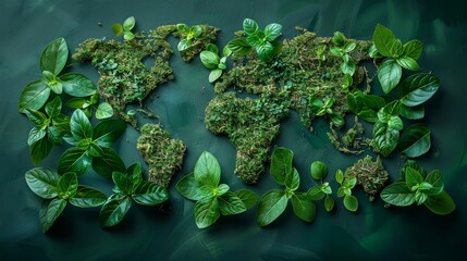 Poster - A planet made from green leaves and branches. An ecologically friendly poster. Think Green. Ecology Concept. Top view. Flat lay. Anti-pollution poster. Earth Day.