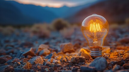 Aufkleber - A light bulb against a desert mountain background. Ecological and energy concept.